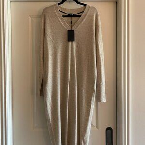 NWT Naadam Cashmere V-Neck Dress, Size S, Midi length, in Oatmeal color